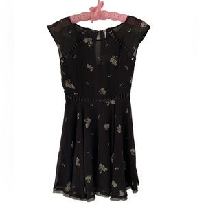 Free People black brown pink skater style floral vented dress sz 0 NWOT